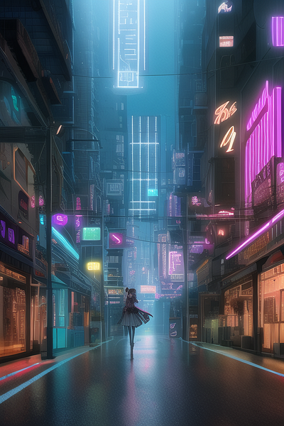 Night City - girl alone 3d ai animation graphic design il illustration illustrator