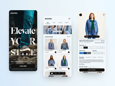 ECOCHIC // Jeans E-commerce Store app design apparel best bottom nav clean design ecommerce fashion innovative inspiration ios iphone jeans minimal shop shop ui store trend ui uiux