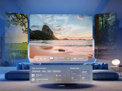 Spatial Meditation App for Vision Pro app apple vision augmented reality design meditation player product design spacial concept spatial design stats tabs track ui ux vision pro wellness