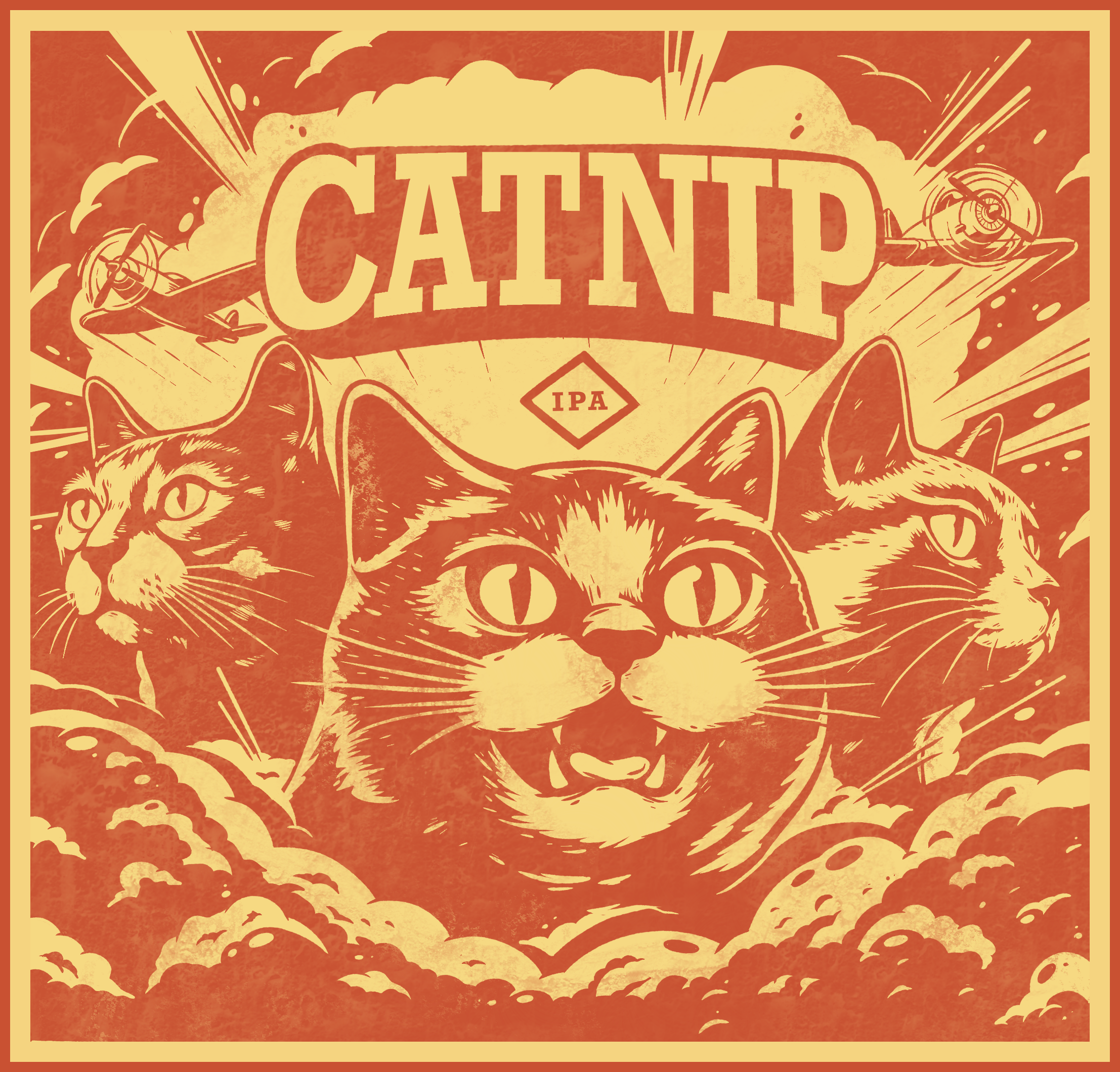 Catnip IPA Label Concept beer label cats dog fight explosions fighters ipa label design smoke