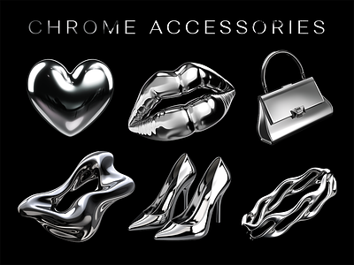 Futuristic chrome metal woman accessories icons 3d accessories beauty bold chrome cosmetics female futuristic icons instagram liquid metal melted metal post reflection rendering silver template woman y2k
