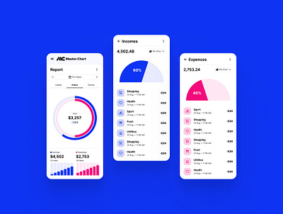 Finance app report of incomes and expences app blue chart clean expences finance finance app finance report financial app incomes mobile app pie pie chart pink report transaction ui ui design ux ux design