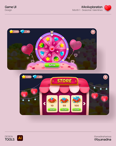 Valentines Game UI - Spin Wheel and Store game ui illustration mobile game spin wheel store ui ui design uiux ux valentines