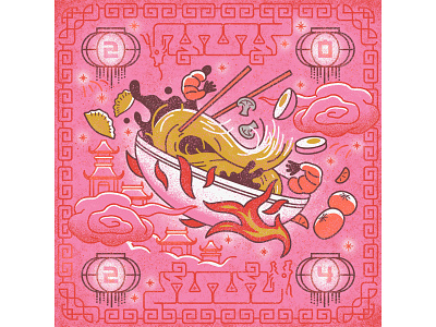Spicy Dragon Noodles adobe clouds digitalart dragon food foodillustration illustration illustrator lantern line luck lunarnewyear muti noodles pattern pink red texture tradition