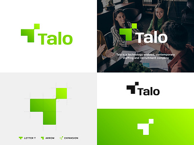 Talo logo design arrow concept contemporary expansion gradient green hr human resources letter t logo modern recruitment staffing t t logo talo upward vibrant