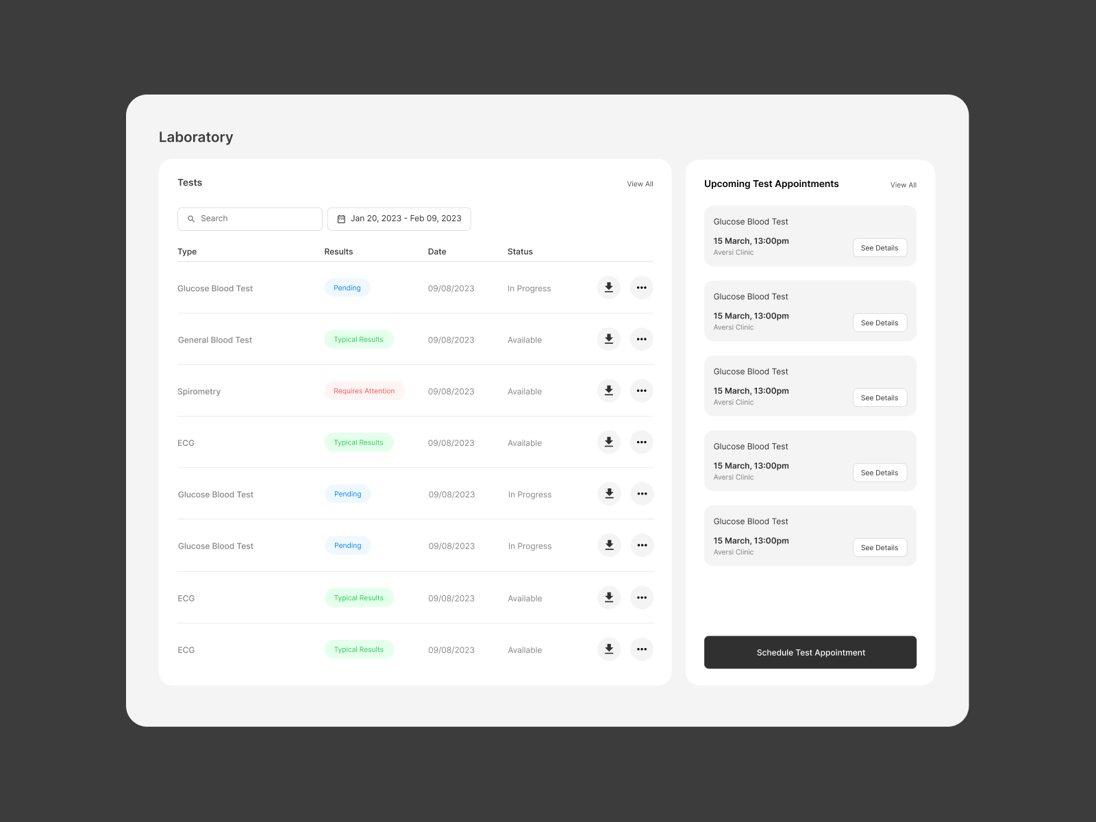 Medical Test Results general blood test laboratory test results list list view medical minimal design product design tests ui uiux ux web app website