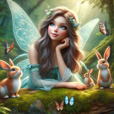 Magical Forest... brownhairblueeyes butterflymagic enchantedforest fairyillustration fantasyart naturemagic rabbitfriends tinkerbellinspired whimsicalscene digitalartistry