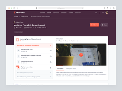 Skillsphere: E-Course Platform Dashboard Saas Web App - Courses ai artificial intelligence course courses dashboard ecourse ecourses elearning learn machine learning play product design rating review saas showreel uidesign uiux video web app