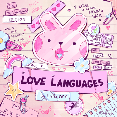 Valentine's Day inspired diary: Love Languages bunny characters illustration cute cute illustration diary design diary illustration happy valentines day love love illustration lovely pink stickers stickers illustration valentine valentines day