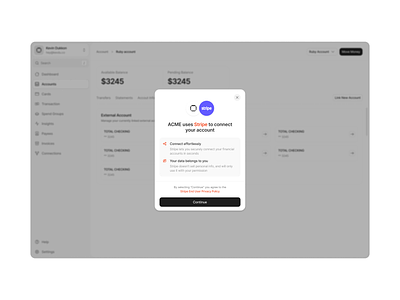 Connect account to Stripe allow connect app clean connect connect accounts dashboard design finance account modal popup stripe ui user interface ux