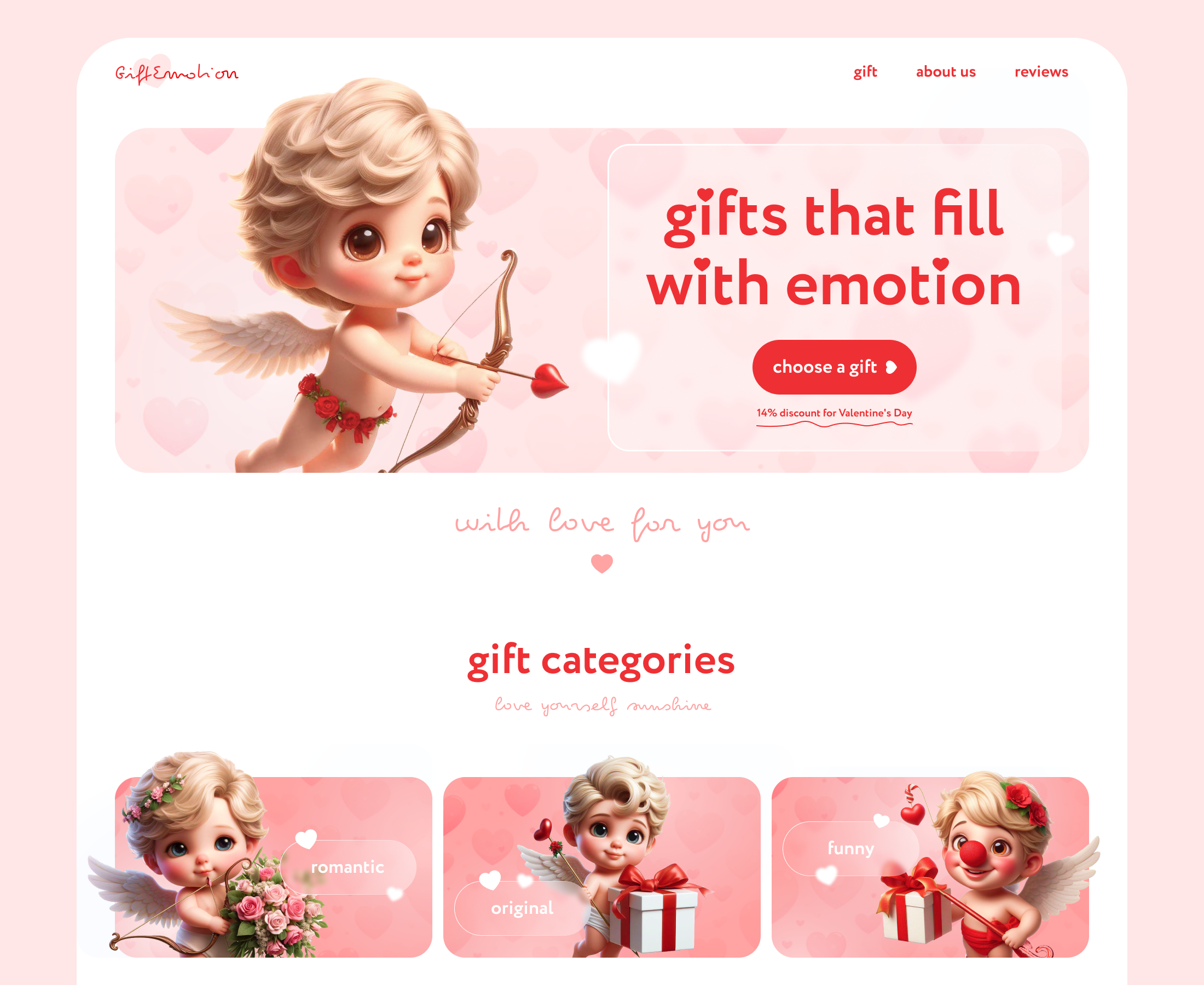 GiftEmotion | Landing Page Design ai artificial intelligence cupids design gift shop graphic design pink ui ui design valentines day web design