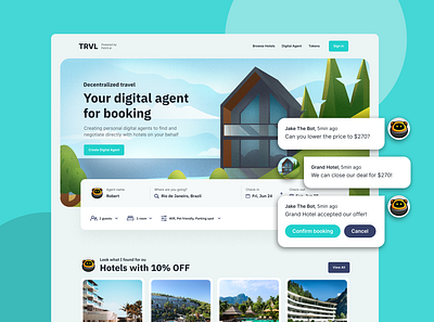 TRVL: AI Travel Agent Website Design aai agent ai blockchain booking flight hotel hotel booking hotels landing page search travel traveling ui design web3 web3 platform website design