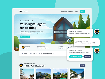 TRVL: AI Travel Agent Website Design aai agent ai blockchain booking flight hotel hotel booking hotels landing page search travel traveling ui design web3 web3 platform website design