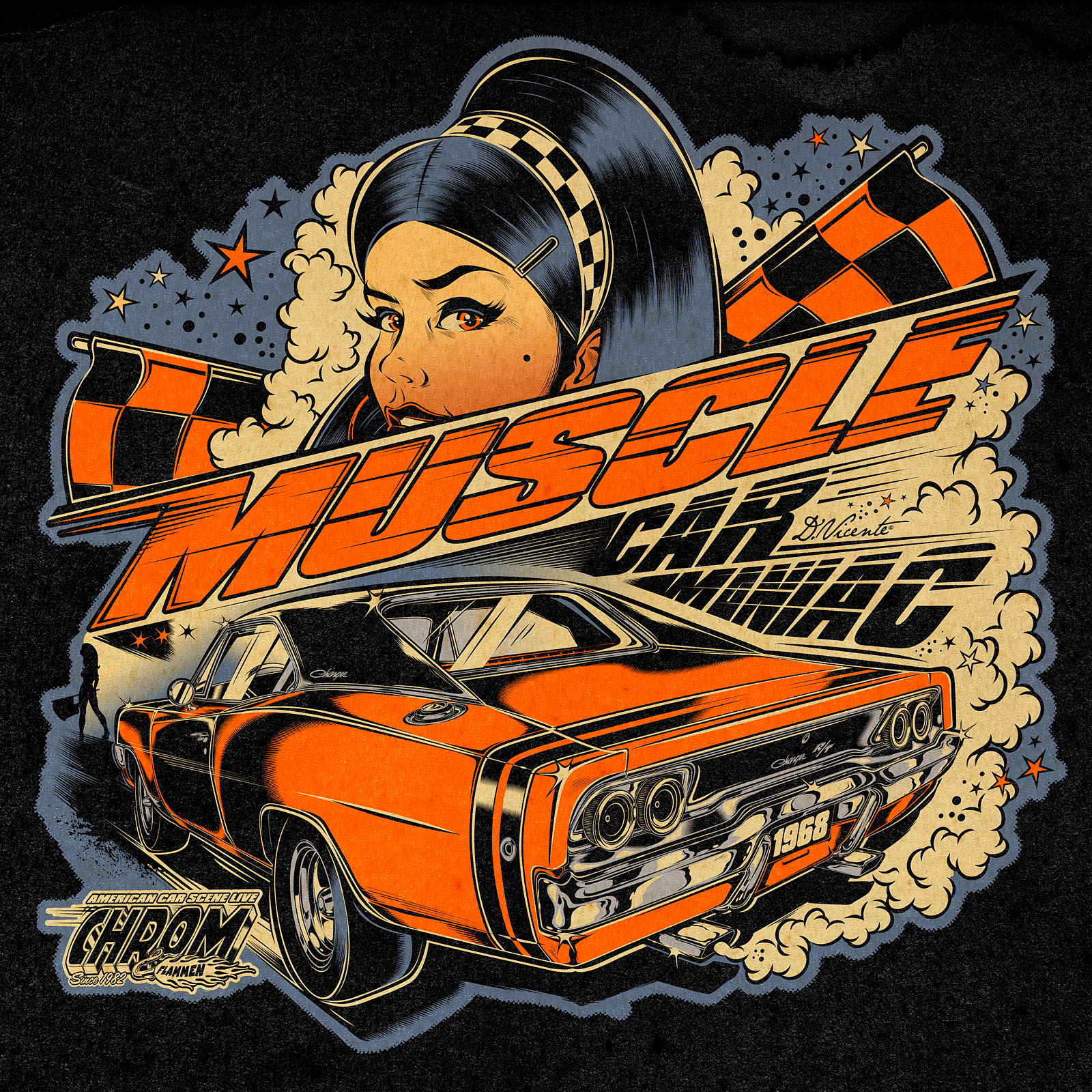 MUSCLE CAR MANIAC american car branding car car racing chrome d.vicente david vicente design digital art dodge flammes illustration inking kustom kulture logo maniac muscle car racing