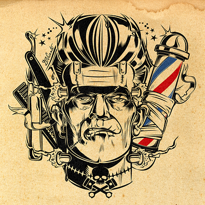 RUBIS SINCE 1949 barbershop branding d.vicente david vicente design digital art dvicente art.com francky frankenstein haircut illustration inking kustom kulture logo pole barber pompadour razor rockabilly rocknroll skull