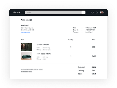 Daily UI Challange #017 - Purchase Receipt dailyui design furniture interior purchase receipt ui web design