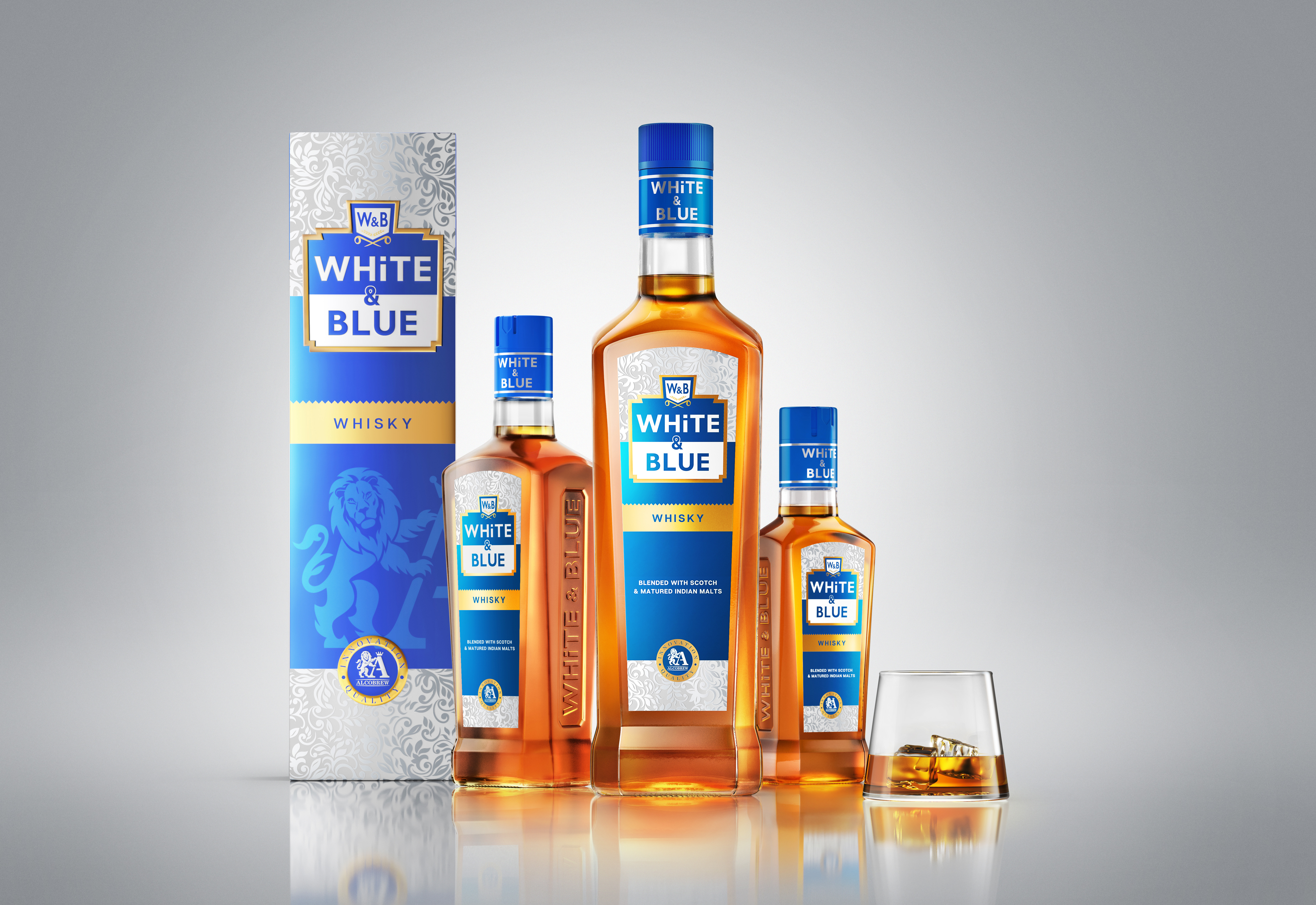 White & Blue Whisky 3d alcohol bottle cgi drink indian packging packshot render whisky