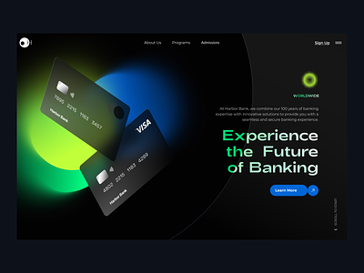 Banking Website SaaS 3d bank banking black credit cards futuristic gradients green hero section home page homepage product design saas sign up webdesign website
