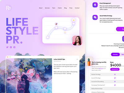 PR Firm analytics beauty flowery landing page light design lovely pink pr firm pricing public relations purple saas saas landing page violet web design