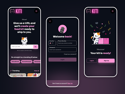 Mobile App - Kiti account black box cat chef food instagram kiti log in login mobile password pink search sign up signup trending ui ux welcome screen