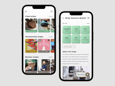Brew app: Aeropress aeropress barista brew card coffee homepage list preview recipe ui ux