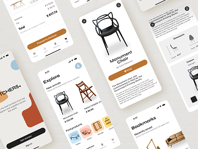 Furniture E-Commerce App Concept app brown chair checkout clean couch design ecommerce furniture glucode interior design living space minimalist modern neutral shopping ui ux