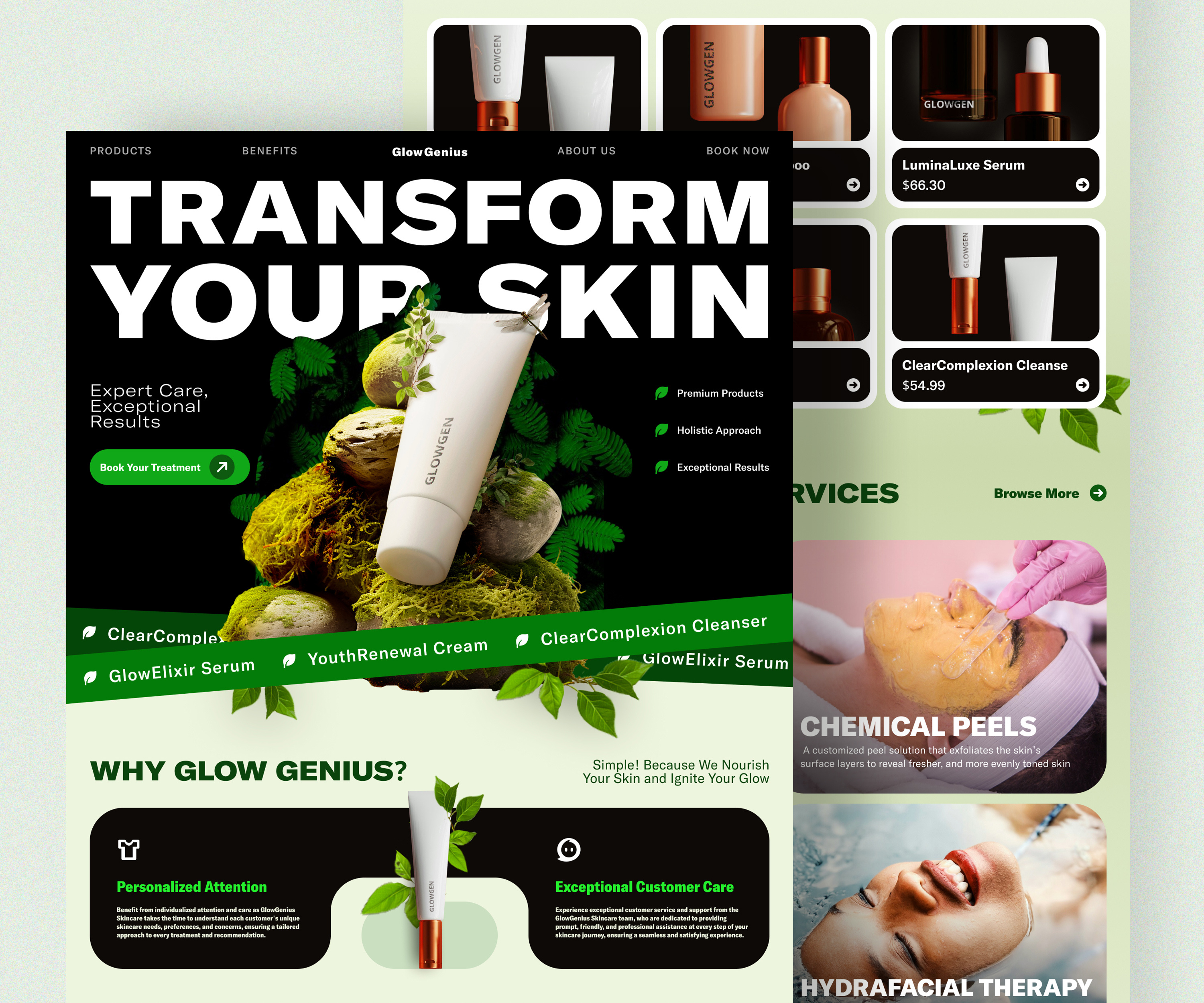 Glow Genius // Skin Care Products Landing Page Website best booking dark ui design ecommerce inspiration landing landing inspiration landing ui lotion modern onepage product shop skincare trend ui uiux web design webpage design