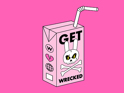 Get Wrecked bunny cartoon design drawing heartbreak illustration juice juicebox pink rabbit skeleton skull