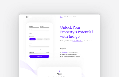 Indigo landing page commercial buildings contact form design digital design form homes for sale indigo land for sale landing page monocromatic one color property website real estate landing page residential typography ui ux