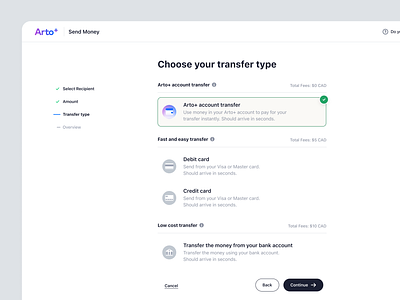 Arto Plus - Select Transfer Type to Send Money in SaaS Payment balance details bank transfer credit debit financial app management payment pro mode product design saas saas design send money transactions transfer transfer money ui ux web design