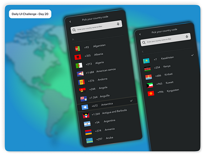 Daily UI Challenge #20 - Country Code Drop Down Menu country code drop down menu daily ui challenge 20 dark mode design graphic design hype 4 academy interaction design redesign ui ux ux design