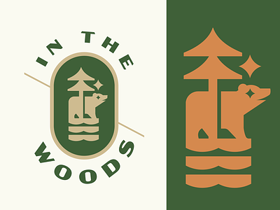 In The Woods Brand Badge adventure bear camping cute fishing forest geometric grizzly icon illustration mascot modern nature outdoors park pine tree trail tree water wilderness