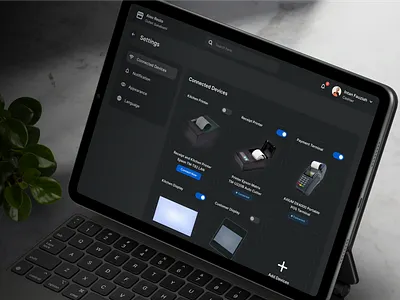 Bitepoint POS App - Device Settings (Dark Mode) app beverage booking chasier dashboard design foodies point of sale pos app restaurant transaction ui ui design ux