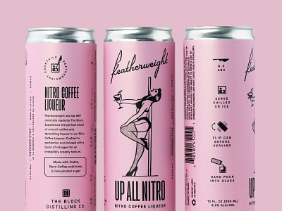 Featherweight Label Design - Up All Nitro alcohol branding can design canned cocktail cocktail cocktail brand feather icons label design logo logotype low abv packaging pink script typography wells wells collins