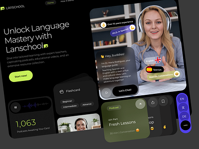 Language Learning Website: Lanschool clean component dark dashboard design english language minimal podcast school teacher ui ux website widget