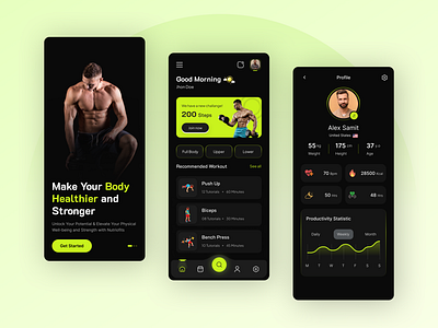 Fitness App UI Design Dark Mode... 3d animation app bodybuilding app bodybuilding ui design branding dark application dark mode ui design dark version ui design fitness app ui design graphic design illustration logo motion graphics ui ux design vector