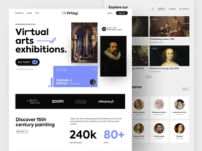 Artsyi - Virtual Arts Exhibitions Landing Page art arts artwork artworks beautiful black design figma graphic design homepage landing page landing page design minimal paint painting renaissance ui website white