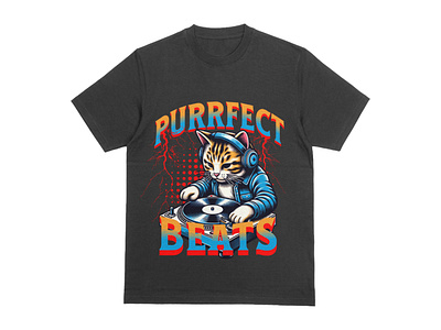 Purrfect beats dj cat t-shirt design illustration product design t shirt design typography vector