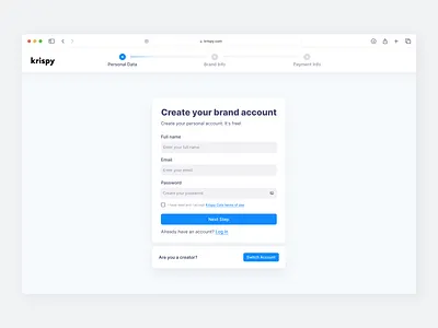 Krispy. Creating account step account account creation app design create account design desktop app email log in password personal data product design regestration reset password sign up ui userexperience userinterface ux web design web platform