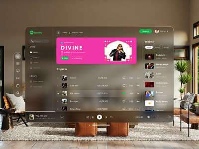 Spotify Apple Vision Pro Concept adobe xd apple apple vision pro branding design figma glass glass morphism minimal music spartial spotify transparent ui uidesign uiux vision pro vr website youtube music
