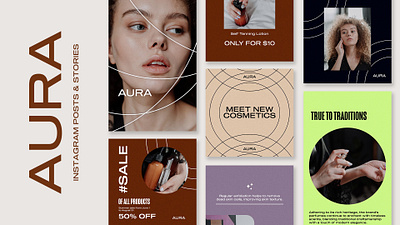 AURA - BEAUTY INSTAGRAM POSTS & STORIES PACK 2d advertising after effects animated animation beauty branding fashion graphic design instagram motion graphics pastel colors posts skincare smm stories template trendy