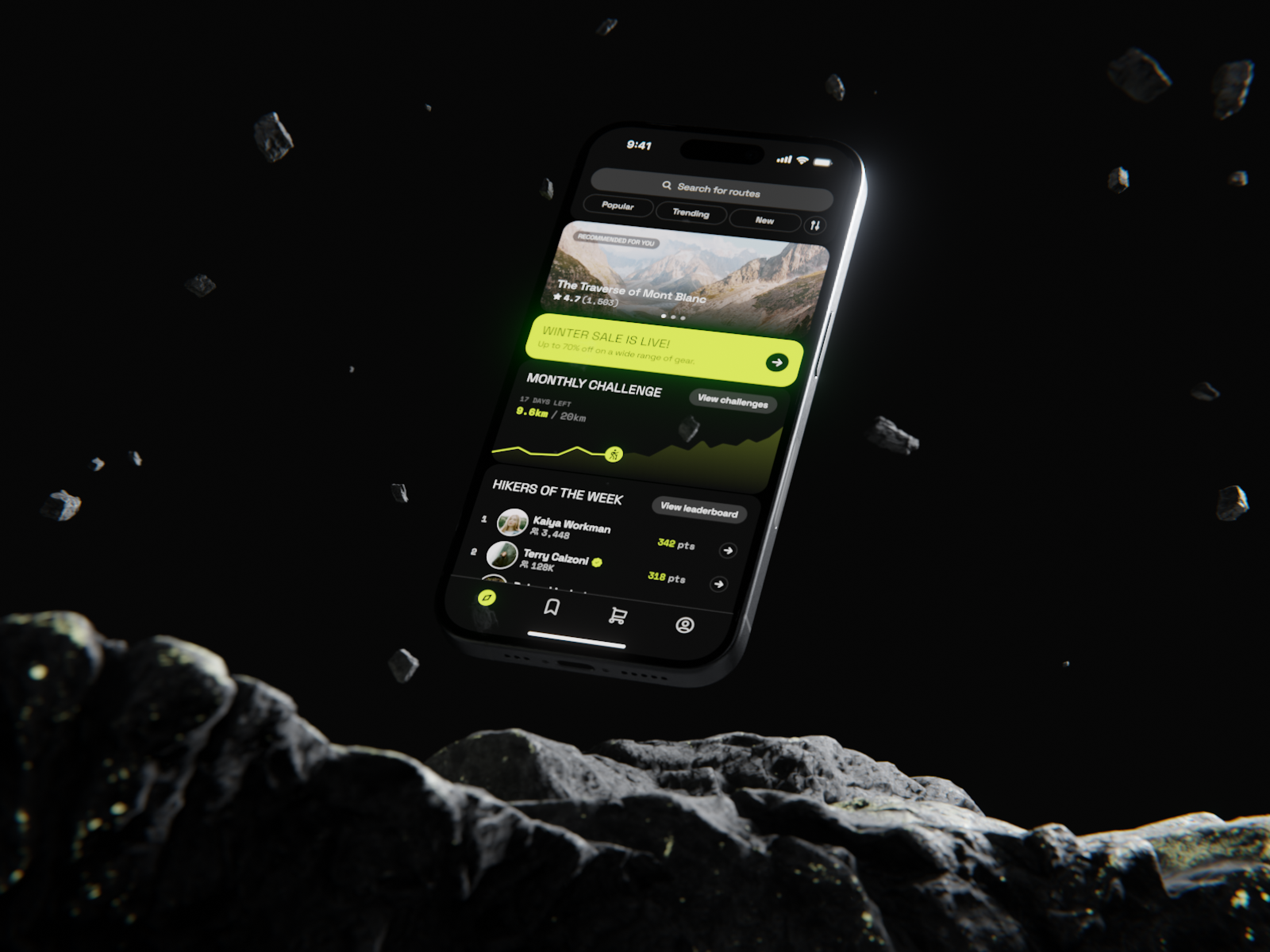 NOMAD — The ultimate hiking app 3d animation ecommerce hiking interface minimalism mobile app modern mountains product design social ui ux