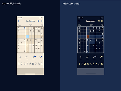 Sudoku Dark Mode app color combinations dark mode game game design light mode mobile game number games redesign sudoku