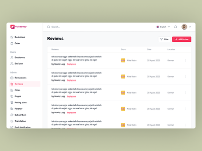 Admin Dashboard for Reviews Page Design add review admin dashboard design admin dashboard review page food dashboard order dashboard reply review restaurant dashboard review page reviews page design ui design ui elements ux design for dashboard