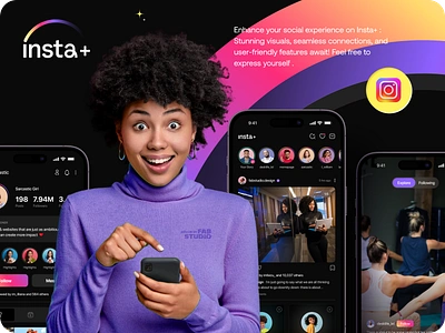 Insta+ 🌈 ( Instagram Redesign ) app ui branding case study chatting creative dark theme ecommerce fabstudio design home page design insta redesign instagram app instagram redesign logo marketing mobile app modern app redesign social app trending uiux