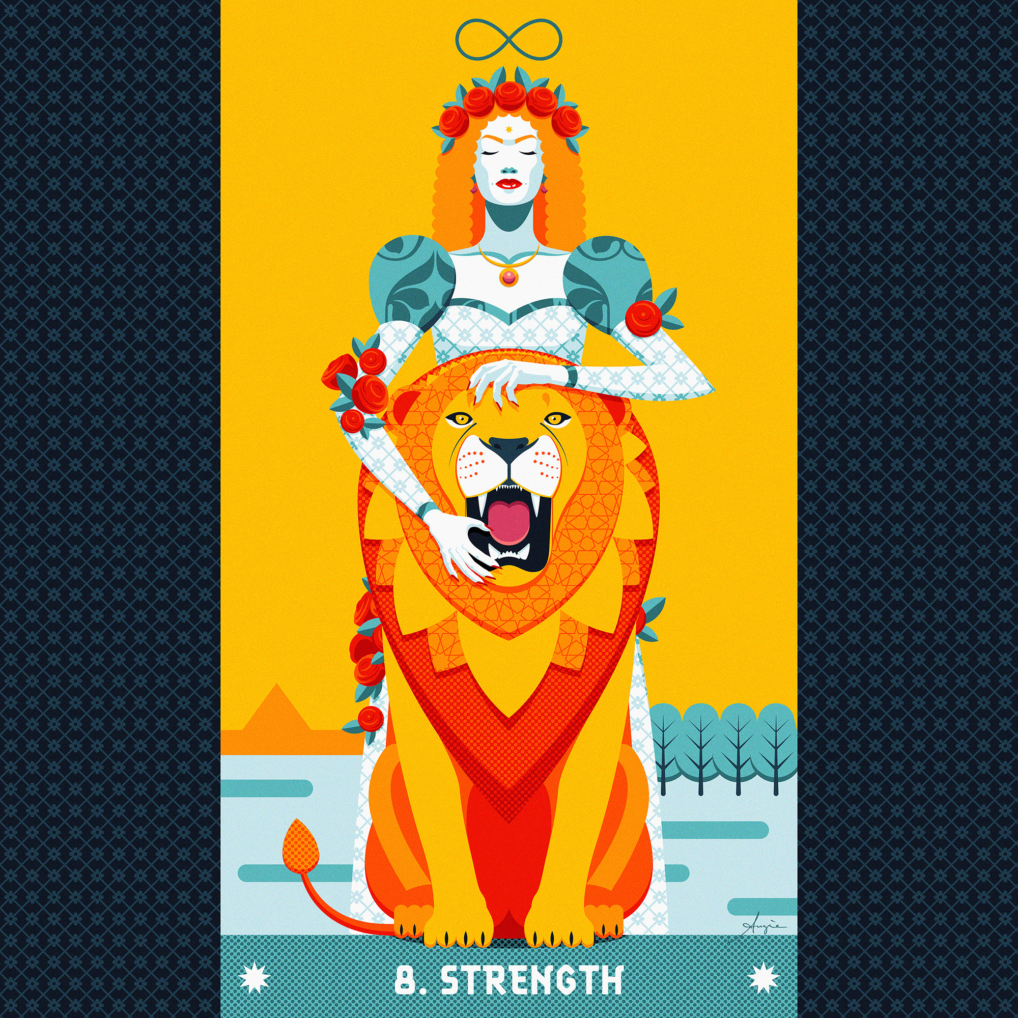 Tarot card #08: Strength adobe illustrator blue cards contrast daily art deck flat design illustration lion orange portrait red strength stylized tarot textures vector vector illustration women yellow