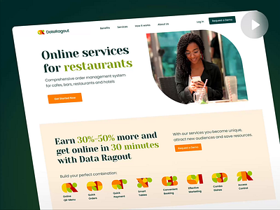 DataRagout - Overview animation app b2b service branding business case study corporate website dark green data landing page light theme marketing minimalism mobile restaurant startup ui user interface ux web design