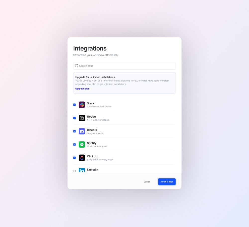 Integrations apps install integrations popup