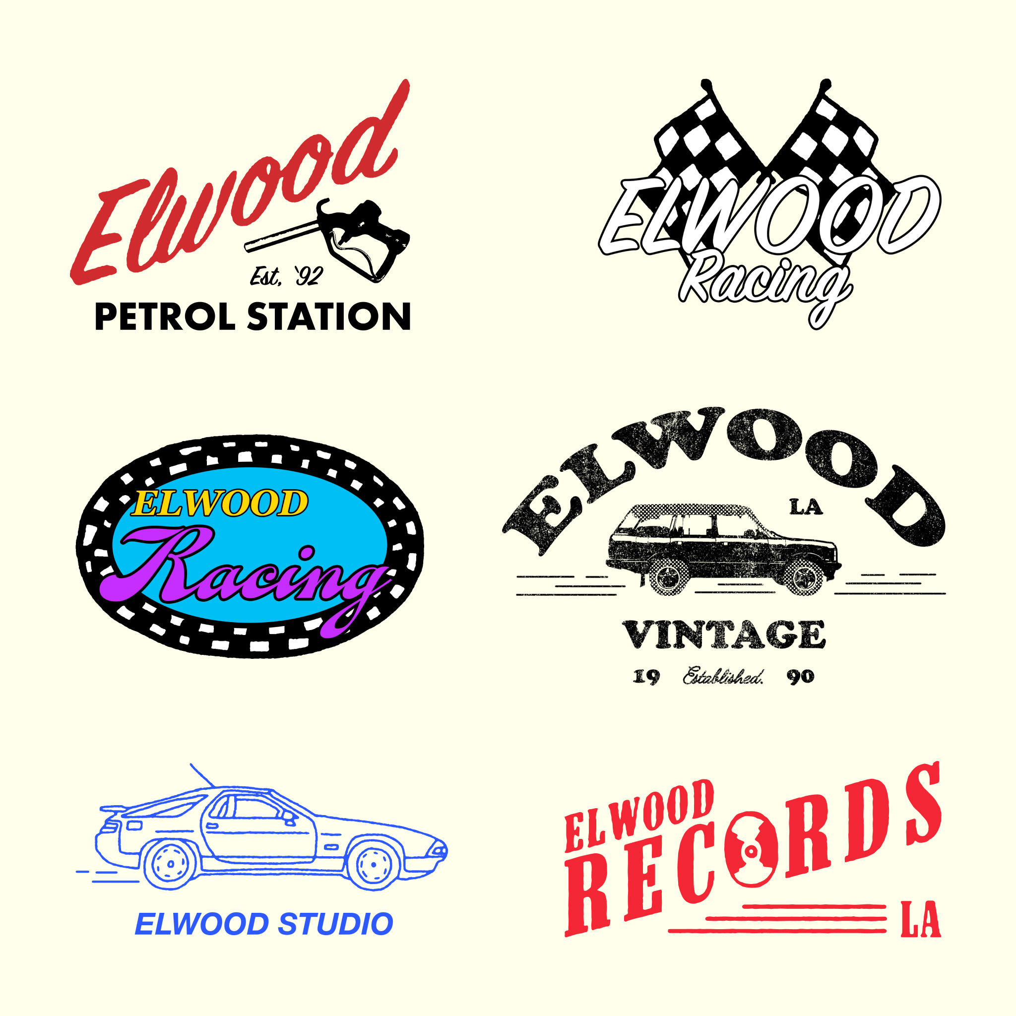 Elwood Clothing Designs apparel athletics badge branding cars design distressed elwood grunge handdrawn illustration logo los angeles script sports type typography vintage