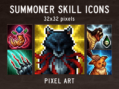 Summoner 32×32 Skills RPG Icon Pack 2d 32x32 asset assets fantasy game game assets gamedev icon icons indie indie game mmo mmorpg pixel pixelart pixelated rpg skill skills